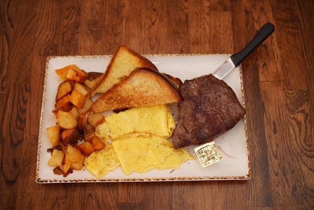 Steak and eggs.